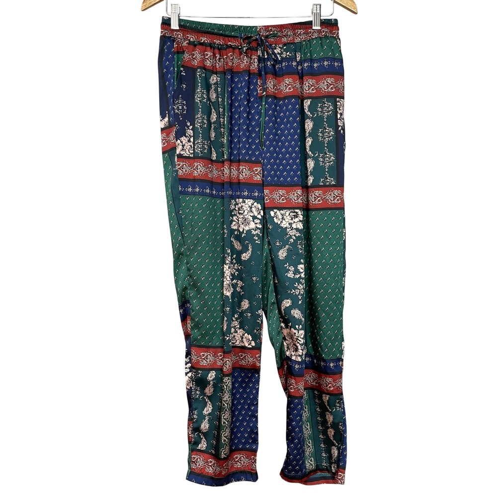 PrettyLittleThing Scarf Print Pants Women Sz 12 Multi Color Paisley Floral Satin